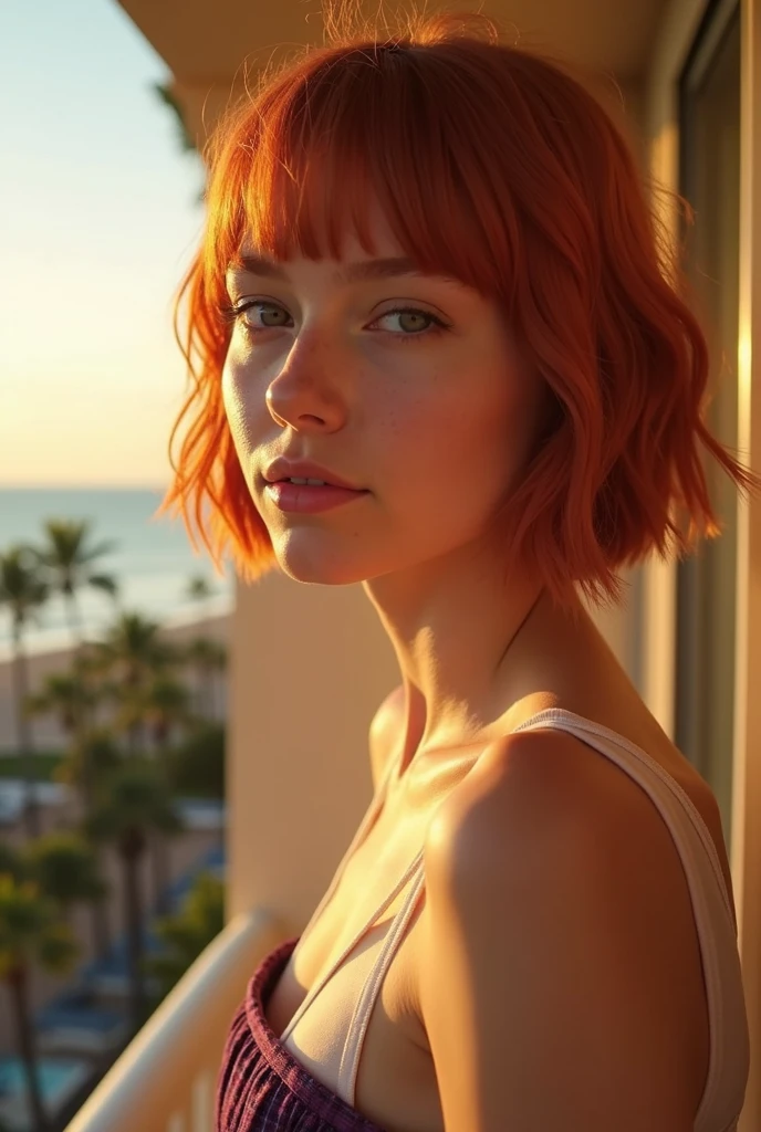 extreme close up portrait, ((Best Quality)) ,((masutepiece)),((hight resolution)),(High contrast),(High Sharp),(imperfection of the skin of the face and body),((photorealestic:1.4)), ((RAW photo)),(8K), (1 girl Emma Myers at ),((Photo of a )(Emma Myers at 15 (transparent tiny white crop top), (redhead with chin length straight bob hair cut)(hair and makeup from the series "ENVIRONMENT" her role is Enid Sinclair) , (extremely short hair), ((so sexy)), ((very extremely beautiful)), hotel balcony in the tropics, face , looks into the ocean, Slender, Thin, sculpted hips ,graceful knees, very short purple pleated tarten miniskirt for small butts , beautiful view from the balcony to the ocean and palm trees, sunset over the ocean, Realistic light, eye shadow, Bottom-front view in (Half-turn) ,very thin and slender girl, girl looking to the right of the camera,(Actress Emma Myers at 15),thout cosmetics, knees, spawn, Skinny Legs, full body shot