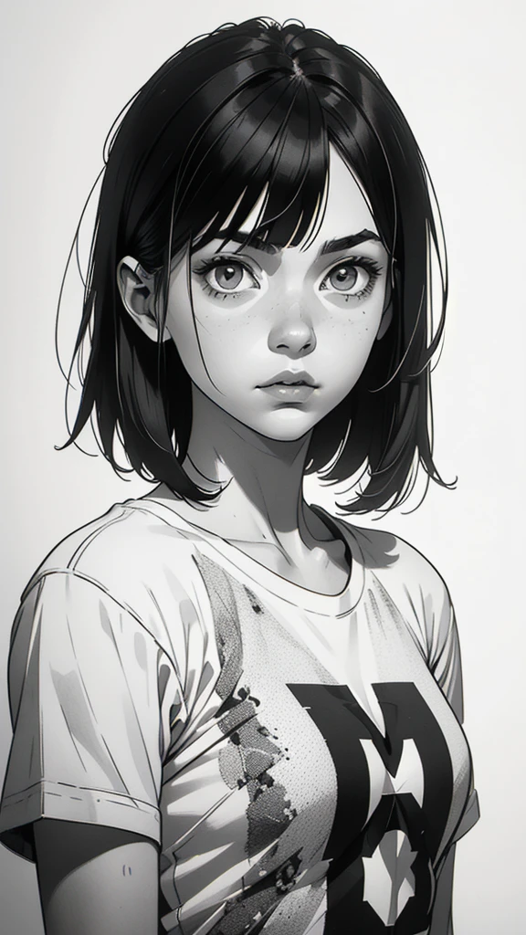 1 boyish girl, solo, sharp eyes, monochrome, greyscale, short black hair, portrait, white T-shirt, thin eyebrows, closed mouth, looking at viewer, graphite \(medium\), detailed lips, hatching \(texture\), without makeup, full bangs, upper body, (best illustration), (best quality), (very detailed), (masterpiece), expressionless,