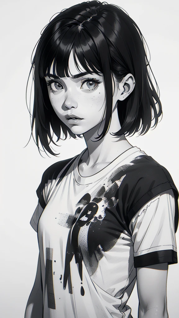 1 boyish girl, solo, sharp eyes, monochrome, greyscale, short black hair, portrait, white T-shirt, thin eyebrows, closed mouth, looking at viewer, graphite \(medium\), detailed lips, hatching \(texture\), without makeup, full bangs, upper body, (best illustration), (best quality), (very detailed), (masterpiece), expressionless,