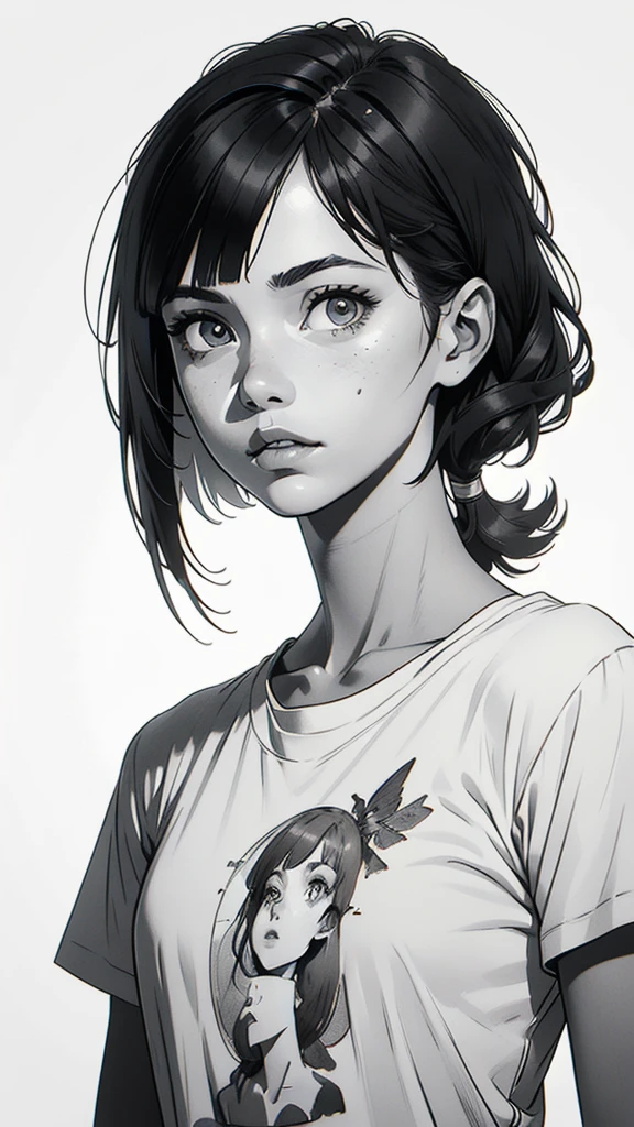 1 boyish girl, solo, sharp eyes, monochrome, greyscale, short black hair, portrait, white T-shirt, thin eyebrows, closed mouth, looking at viewer, graphite \(medium\), detailed lips, hatching \(texture\), without makeup, full bangs, upper body, (best illustration), (best quality), (very detailed), (masterpiece), expressionless,