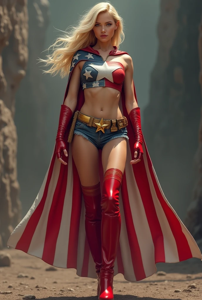 (photorealism:1.2), beautiful blonde woman, patriotic superhero, lanky frame, small breasts, muscular, extremely long blonde hair, All-American, red and white stripe cape, white star on the chest in a ring of gold stars, red and white stripe miniskirt, thigh high red boots, long red gloves, dark blue top with long sleeves, gold utility belt, Karen Mulder, thin face
