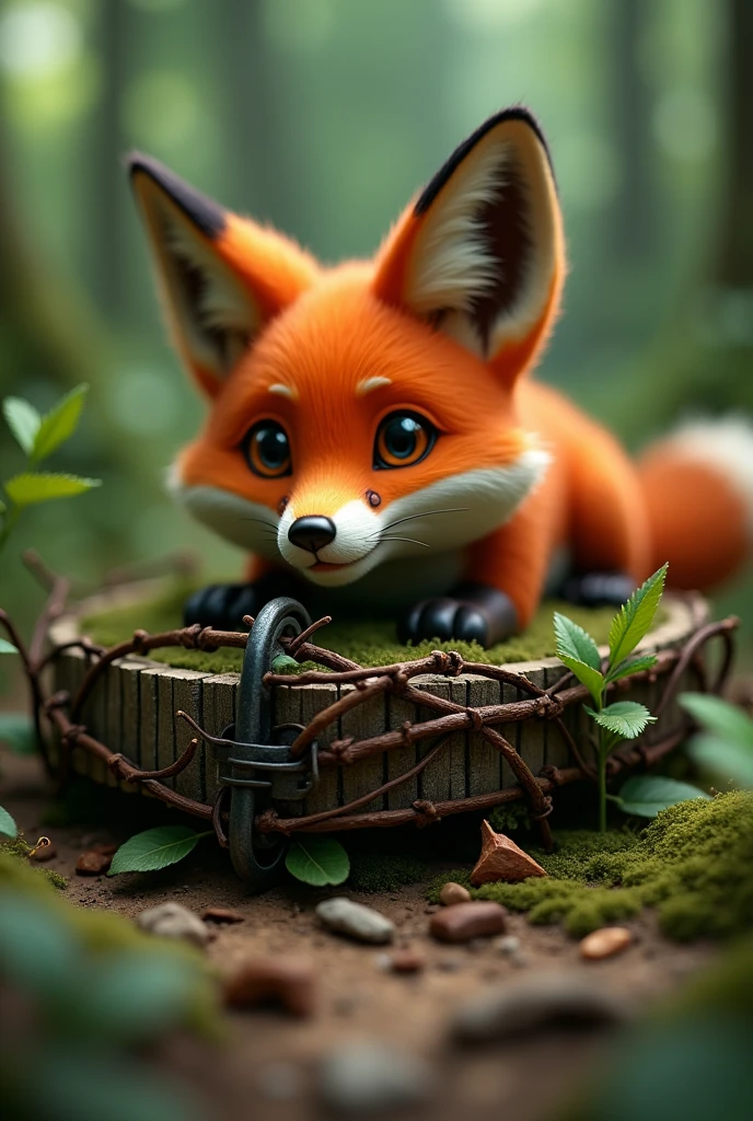 In 3D animation style .Close-up of the trap made by the fox, covered with leaves and branches.