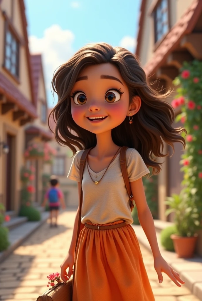 Image: Lily, a cheerful , exploring the village with a bright smile. She spots Buddy from a distance, and her expression shifts to concern.
Details: Show Lily with a friendly demeanor, perhaps holding a small bag or wearing a colorful outfit.
