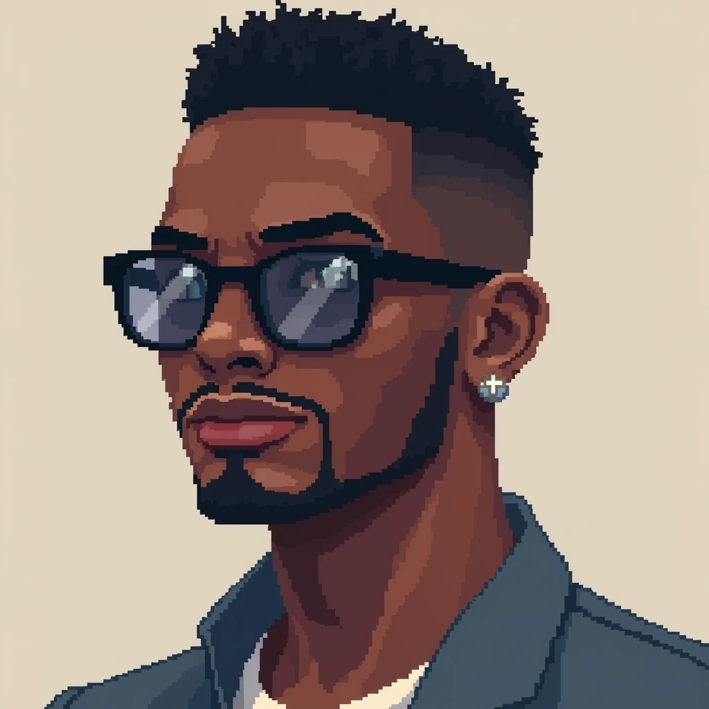 Create a pixel art character of an African-American man with a low haircut. The character should be wearing reflective glasses, similar to 'Juliette' style. He should have a minimalistic and stylish appearance, with a small, neat earring on one ear. The pixel art should capture the essence of the character's cool and confident personality, using a color palette that emphasizes his dark skin tone and the shine of the glasses. The overall design should be clear and detailed, with an 8-bit or 16-bit style, suitable for video games or retro-themed media. Ensure that the character’s facial expression is neutral but expressive, highlighting his individuality and modern style.