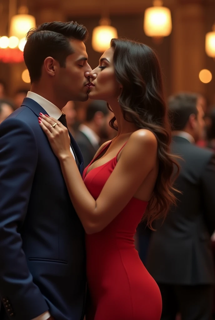 natural nipples, small tits, hairy, hot, wet, an 1 woman named Melissa Theuriau wearing a sexy red outfit with a man in a blue suit in a crowded restaurant, full body shown, high quality, 8k, photorealistic, detailed, hyper-detailed, cinematic lighting, dramatic lighting, vivid colors, elegant, sensual, erotic, nude, explicit, adult content, NSFW