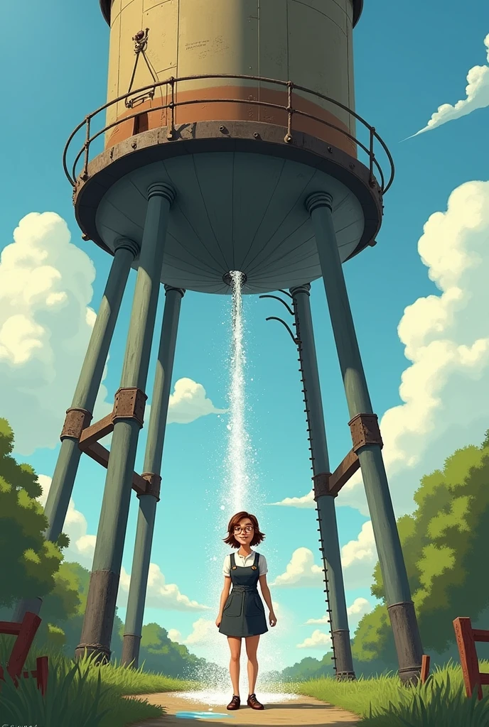 Water tower with spout spilling on woman in pinafore vest 