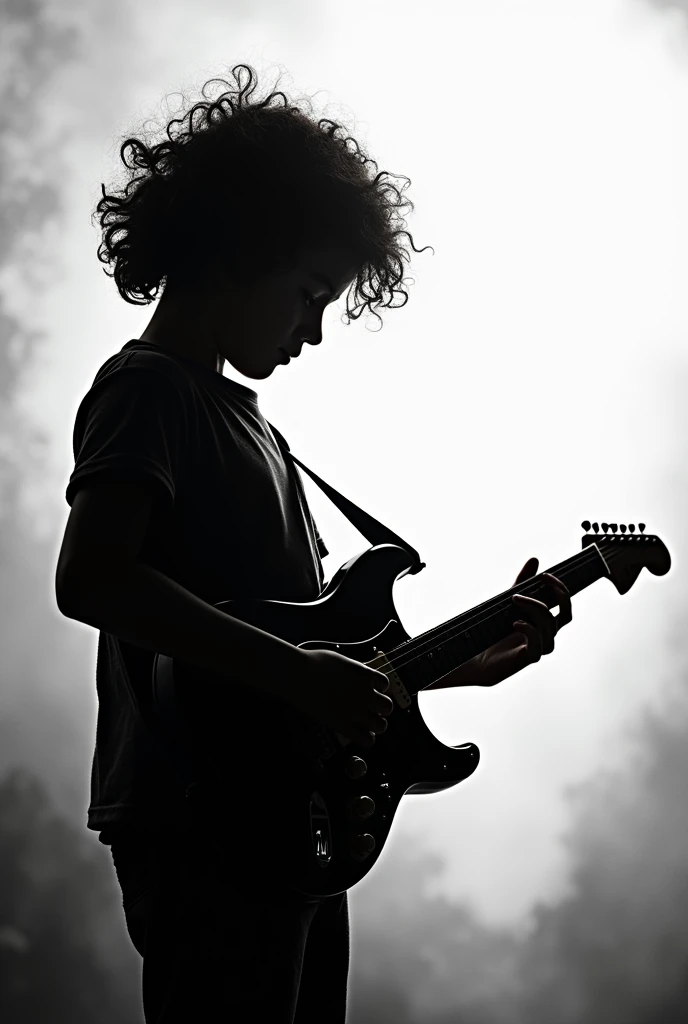 Silhouette of curly boy playing an electric guitar