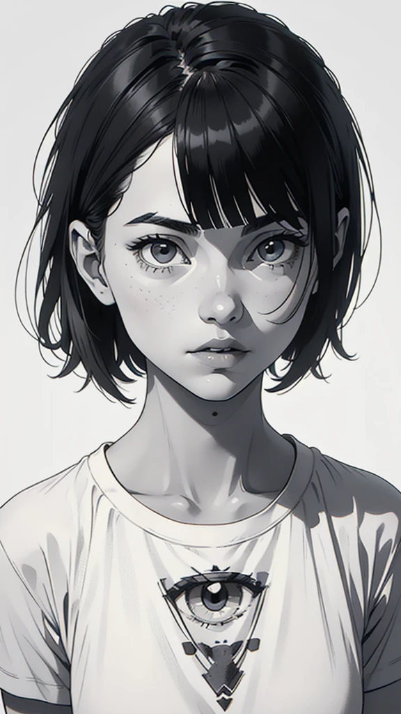 1 boyish girl, solo, sharp eyes, monochrome, greyscale, short black hair, portrait, white T-shirt, thin eyebrows, closed mouth, looking at viewer, graphite \(medium\), detailed lips, hatching \(texture\), without makeup, full bangs, upper body, (best illustration), (best quality), (very detailed), (masterpiece), expressionless,