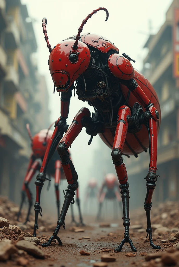 Scary ants with gloosy red colour stand on to legs with robot costume on india get delhi and distrying place