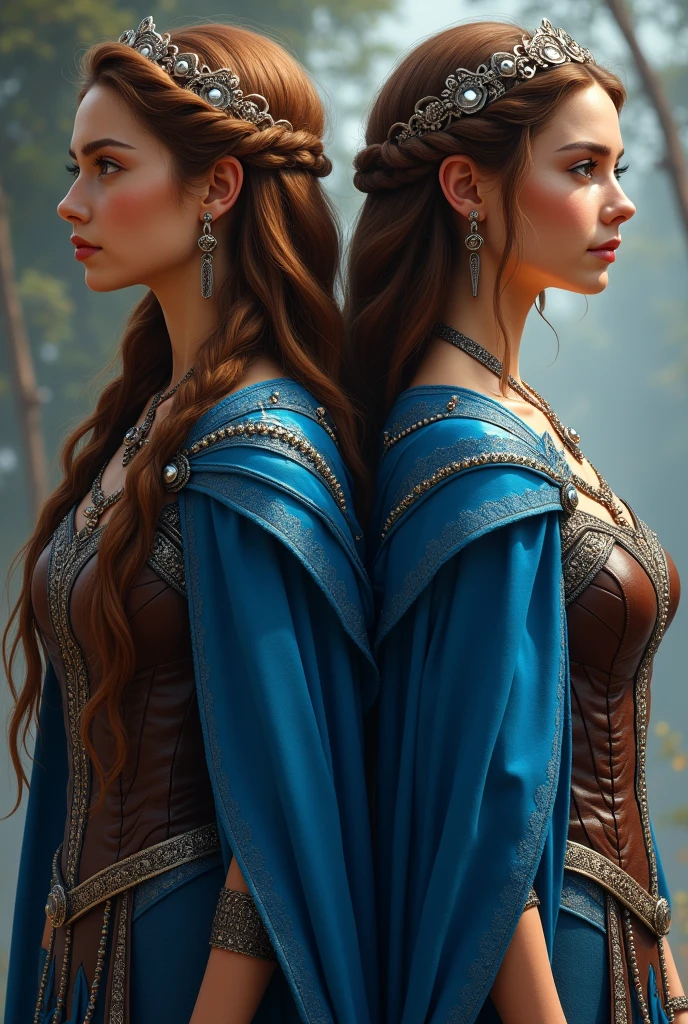 A 2 princess standing tall in profile, her head held high, with her long, wavy hair cascading down her back, woven with small braids that represent her heritage. Her eyes are sharp and focused, her brows slightly furrowed as if contemplating the weight of her responsibilities. Her attire is a blend of elegance and practicality—a finely crafted leather tunic with silver accents, overlaid with a royal blue cloak that drapes gracefully over her shoulders. She wears a simple yet elegant silver circlet that signifies her royal status, and a pendant of the Heart of Eternity hangs around her neck, glowing faintly with a soft, ethereal light.