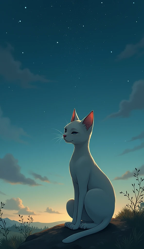 Humanoid cat Dreaming: Show humaniod cat, sitting under a starry sky with a dreamy look, imagining himself as a farmer with a lush farm.
