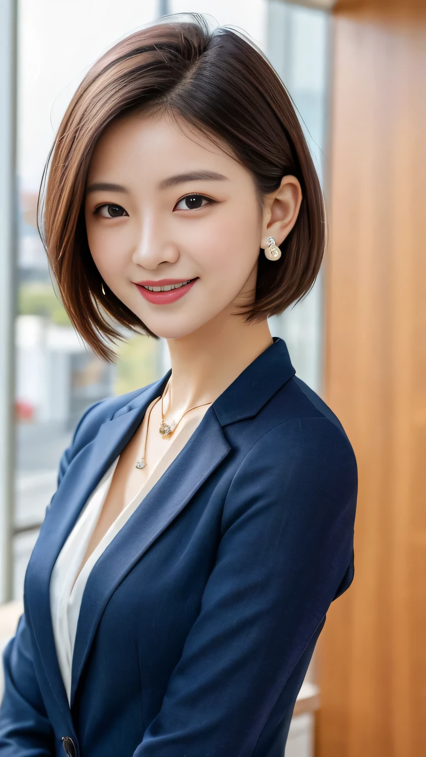 RAW Photos, High resolution, Very detailed, Intricate details, 、ear piercing、smile、short hair、Black Hair、Open your mouth a little、Clear beauty,(High quality fabric, Office Lady Suits 、Necklace around the neck、, The background is the office
