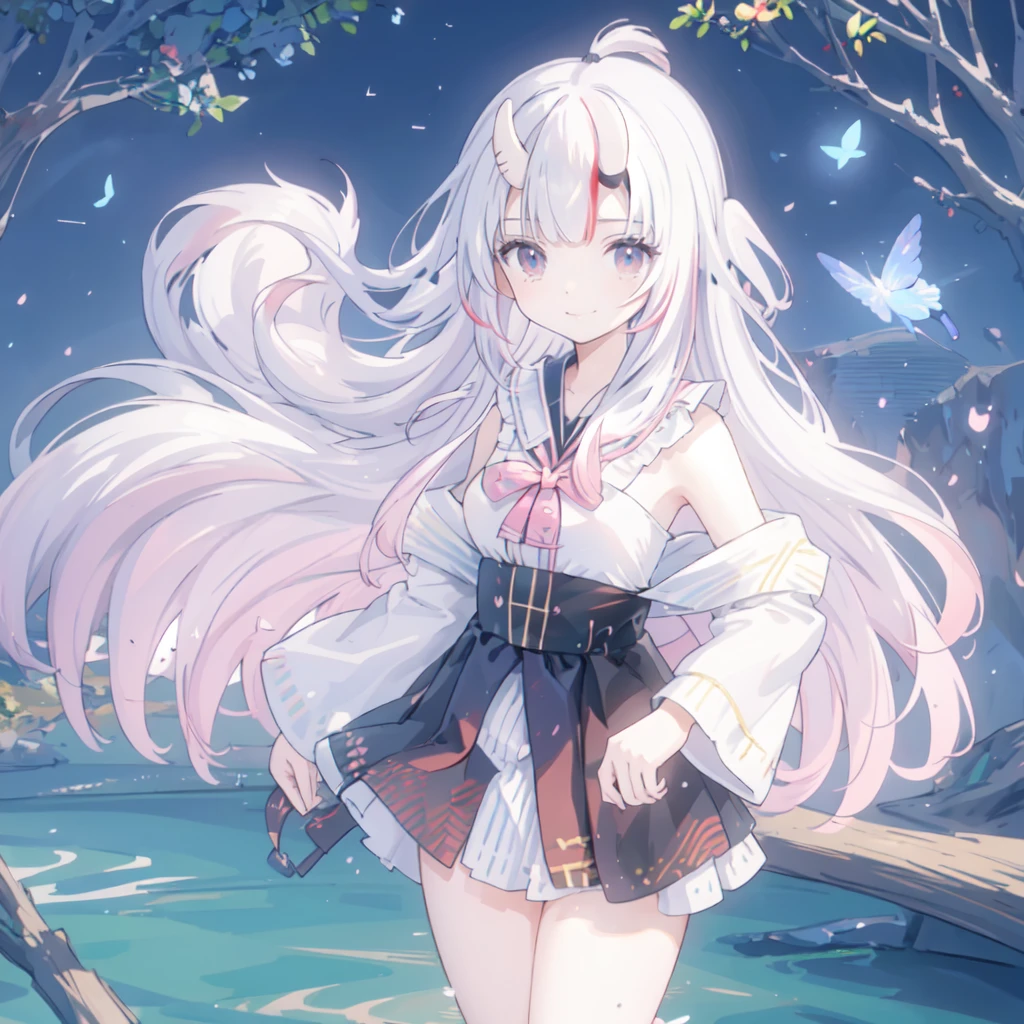 The original, (masterpiece), (illustration), (Extremely beautiful), (Perfect details), (Unity CG 8K wallpaper:1.05), (Beautiful clear background:1.25), (Depth of Field:0.7),1 Girl,Huanxiaoyi , (Standing by the river:1.15).(Hair blowing in the wind:1.1),Butterflies flying around, (moonlight:0.6), Tree, (summer), (night:1.2), (close up:0.35), (Gloves:0.8), Solitary ,