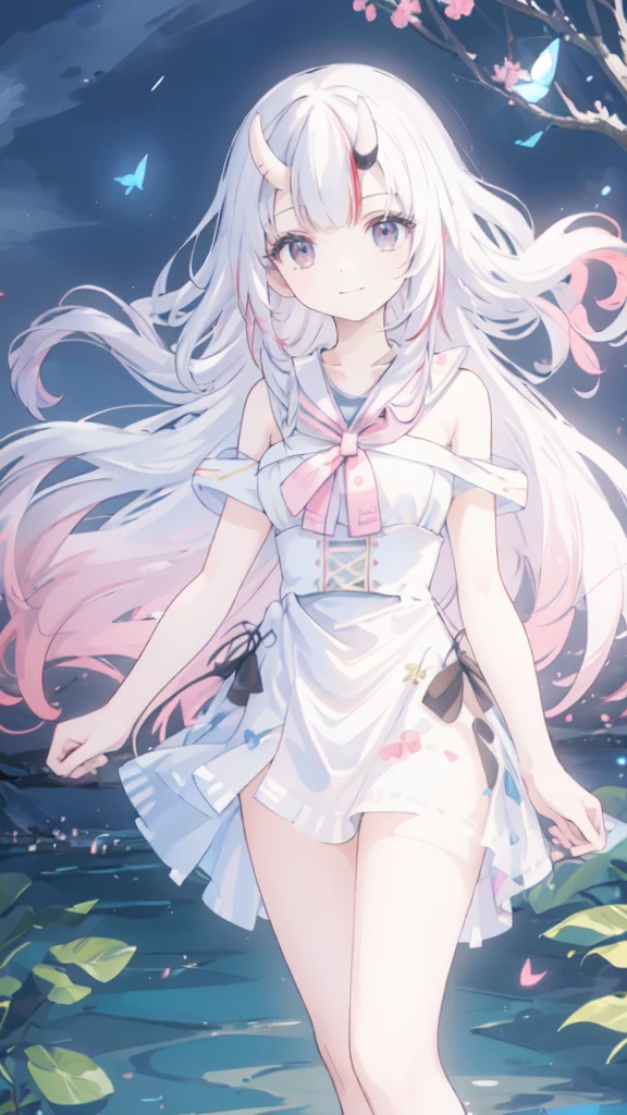 The original, (masterpiece), (illustration), (Extremely beautiful), (Perfect details), (Unity CG 8K wallpaper:1.05), (Beautiful clear background:1.25), (Depth of Field:0.7),1 Girl,Huanxiaoyi , (Standing by the river:1.15).(Hair blowing in the wind:1.1),Butterflies flying around, (moonlight:0.6), Tree, (summer), (night:1.2), (close up:0.35), (Gloves:0.8), Solitary ,