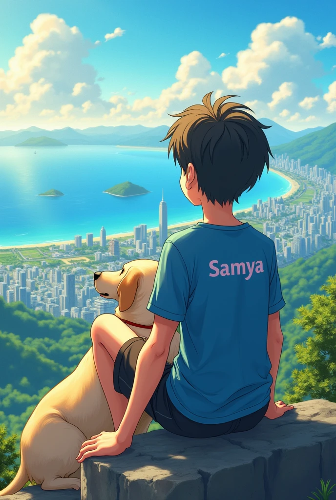 a Ager anime boy sit on mountain on the back of his blue shirt is written samya he see all the city and sea her hand on a labrador dog in a very summer day