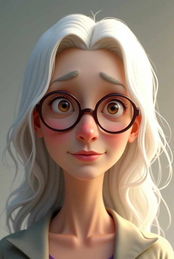 An animation of a white-skinned lady with long, flowing platinum hair, thin with glasses brown eyes old woman facing 