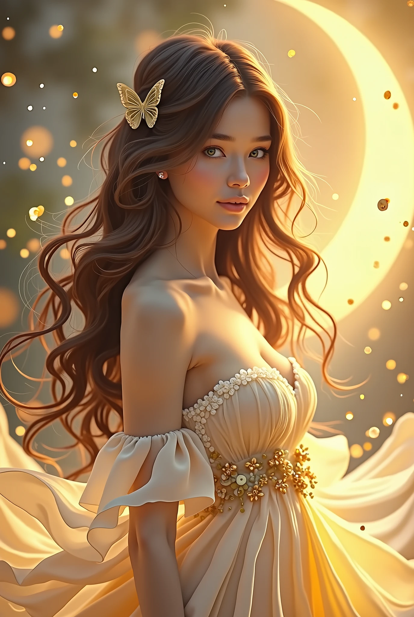 Create an image of a graceful, ethereal woman with long, flowing brown hair that cascades softly around her shoulders. Her hair is adorned with a delicate golden butterfly clip. She has a serene and gentle expression, with soft, natural makeup highlighting her features. She is dressed in an elegant gown with shades of white and soft yellow, featuring floral patterns and sheer, flowing sleeves. The scene is bathed in the warm glow of a crescent moon, casting a soft, magical light around her. 