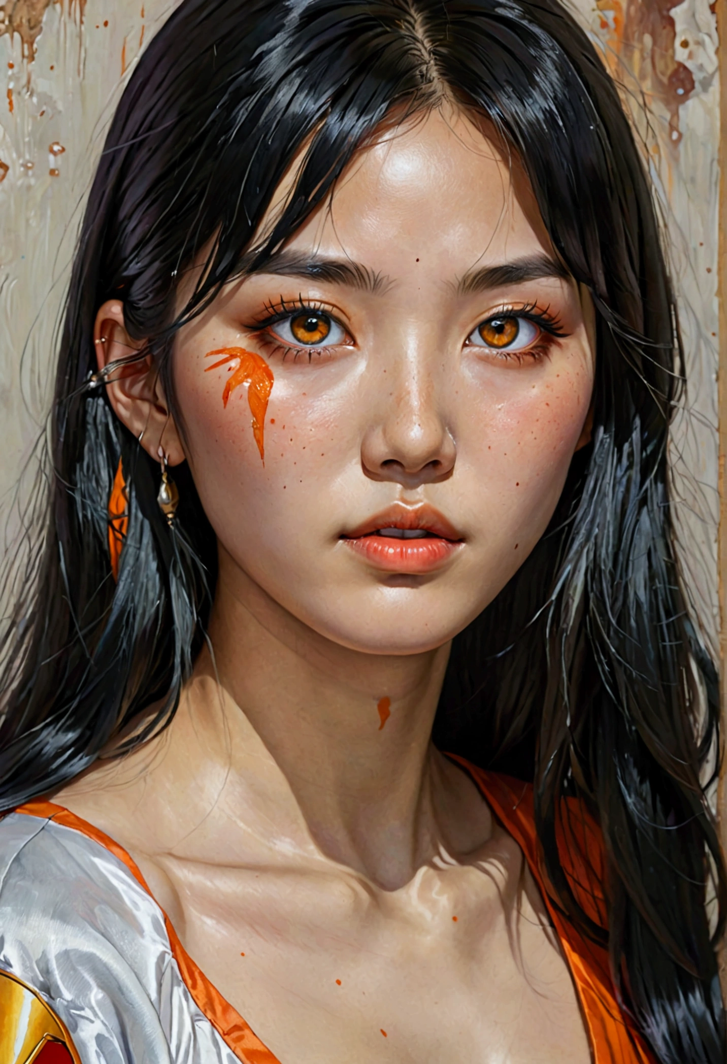 Realistic oil painting from Marvel comics 200s style : A Korean woman, 19 years, with long half white half black hair with orange highlight, and bangs, heterochromia red right eye and white left eye, slepy eyes, freckles all over your body and face, arched eyebrows, septum piercing.