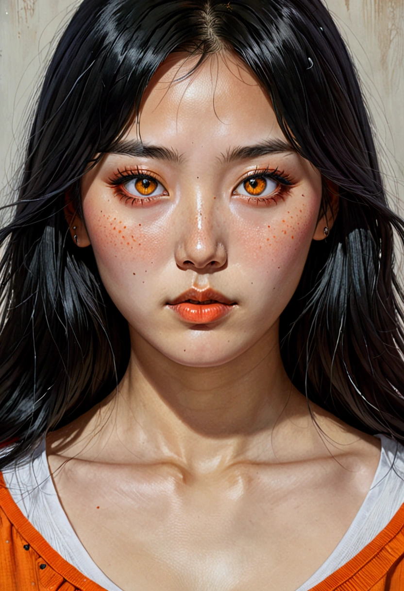 Realistic oil painting from Marvel comics 200s style : A Korean woman, 19 years, with long half white half black hair with orange highlight, and bangs, heterochromia red right eye and white left eye, slepy eyes, freckles all over your body and face, arched eyebrows, septum piercing.
