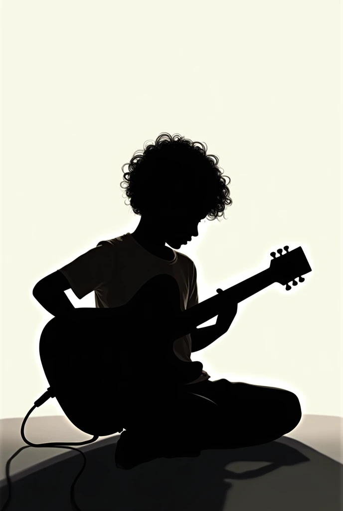 Silhouette of curly boy sitting and playing an electric guitar 
