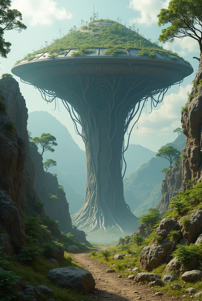 A rocky place, and with many trees. An alien ship gave way, as if it were a large piece of rock with trees, being ripped from the ground and taking flight. But it looks like a flying saucer. And a giant tree, which is an alien that flies