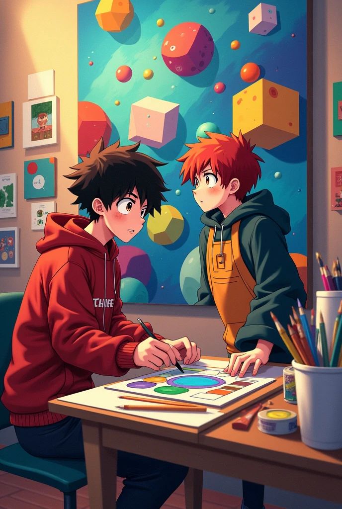 scene: Leonardo, a brown-haired ager in a red sweatshirt similar to Izuku Midoriya, and Sophia, a girl similar to Ochaco Uraraka, decide to create a joint work., Combining painting and sculpture, where geometry is the basis of the composition, All this with a boku no hero academia style