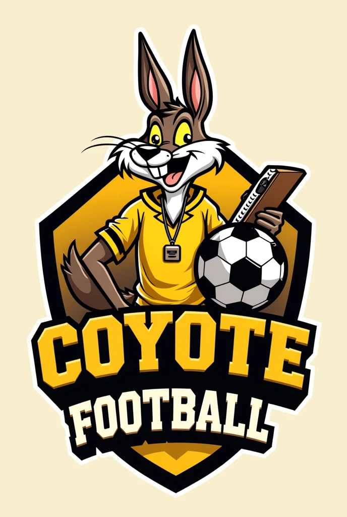 It has to be a logo of a football coach, The color preference is yellow and black. It should say SERGIO EL COYOTE FOOTBALL, in Spanish , He has to be a football coach, not a player. The coach must be the coyote. It has to be the coyote from the looney tunes. There has to be a soccer ball even if it's in the background.