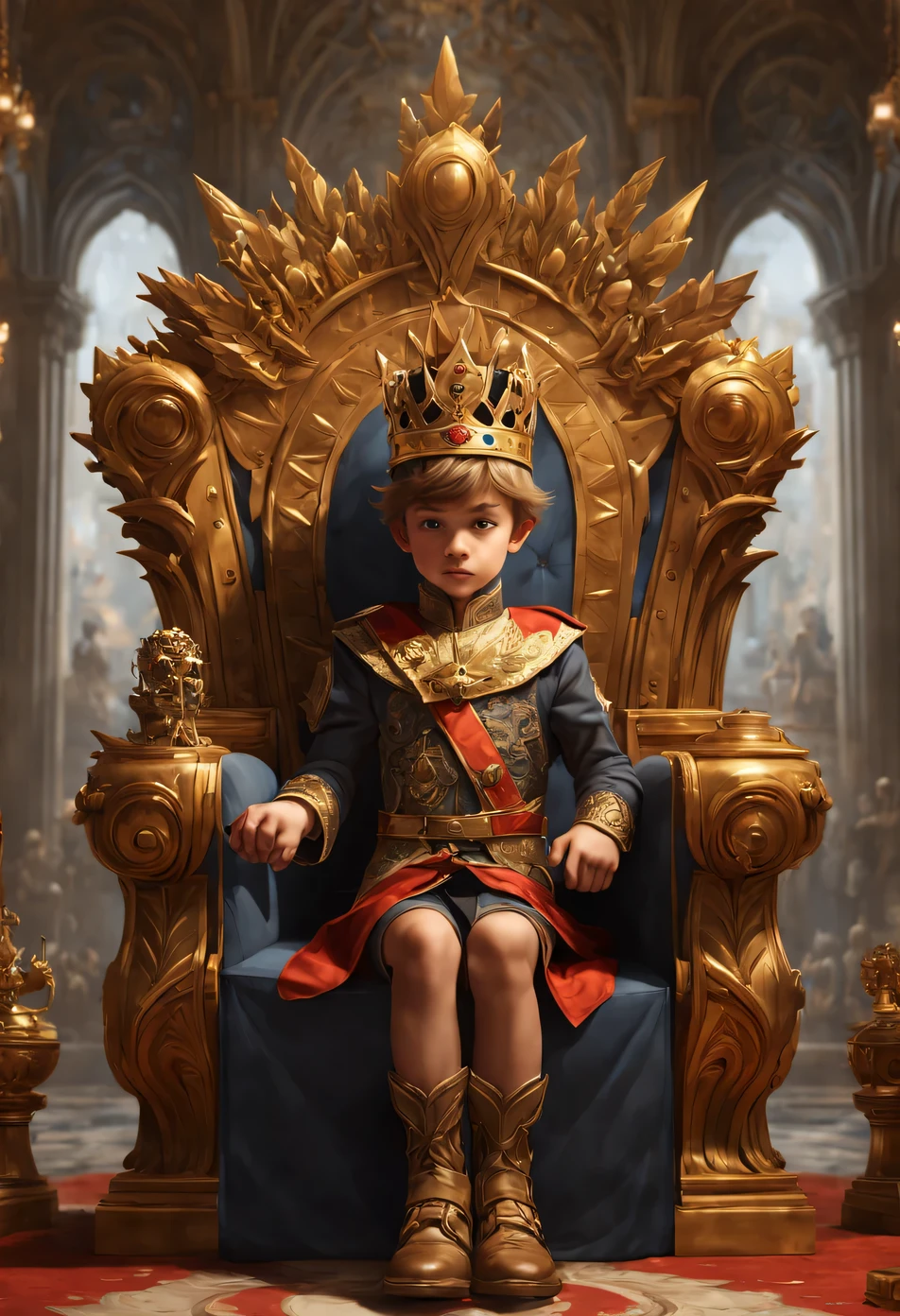 1 young boy, Put on the crown, throne handover ceremony, intrikate, (work of art, Representative work, offcial art, proffesional, unity wallpaper 8k:1.3)