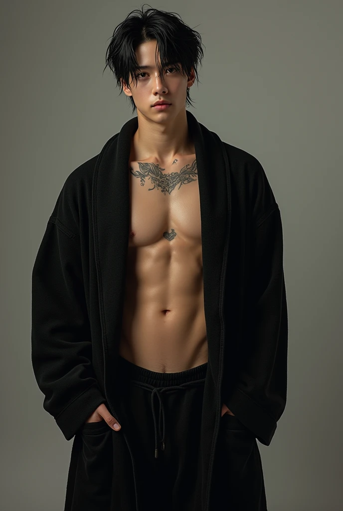 (photorealism:1.2) Jungkook in an open black bathrobe and long wet black wolfcut hair, tattooed hands, Whole body, looking straight ahead.