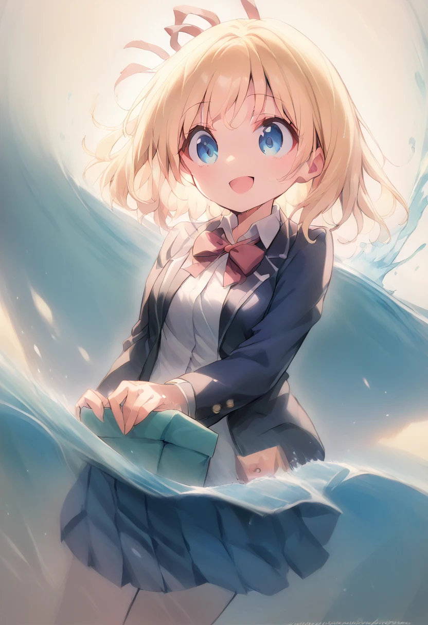 (8k, Highest quality, masterpiece: 1.2),Ultra-high resolution, 1 person, cute, solo,Highly detailed face, Blonde, high school girl, School Uniform, blazer, blouse, ribbon, Box Skirt, navy blue, Slightly longer, Ocean, Ocean水浴, Soaking wet, splash, Water Play, Submersion, like, The best smile, Date, Excited