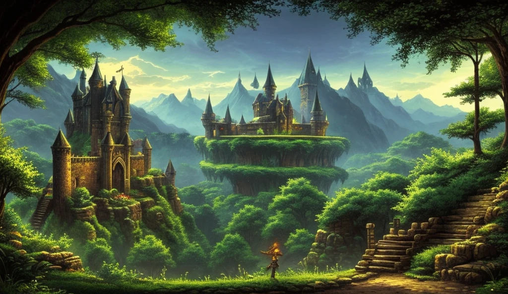 A fantasy landscape with a detailed background, like a threatening castle, a dense forest or a dark dungeon. The scenery should have a classic pixelated style, typical of Mega Drive.