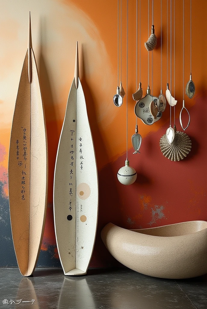 Describe: This 3D mixed-media artwork showcases a fusion of Japanese and Nordic aesthetics. Key features include:

1. Canoe-like panels:
   - Made of stone and ceramic
   - Elongated, dome-like shapes
   - Organic inscriptions and speckled textures
   - Colors: sand, camel, and cream

2. Suspended metal mobiles:
   - Asymmetrical design with wide arms
   - Adorned with mirror-like pieces, seashells, and abalone
   - Incorporates Sami cultural symbols

3. Artistic techniques:
   - Oil painting with crackled effects
   - Glossy embossed textures

4. Lighting:
   - Warm tangerine and burgundy hues
   - Abstract light patterns creating a luminous effect

The artwork harmoniously blends traditional craftsmanship with contemporary expression, resulting in an eclectic and visually striking exhibition piece.