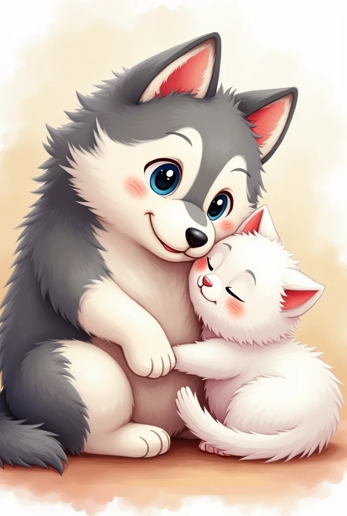 husky dog and white fur cat watercolor cartoon hugging each other or looking close to each other or having interaction loke the cat sleeping but they're not standing on their feet