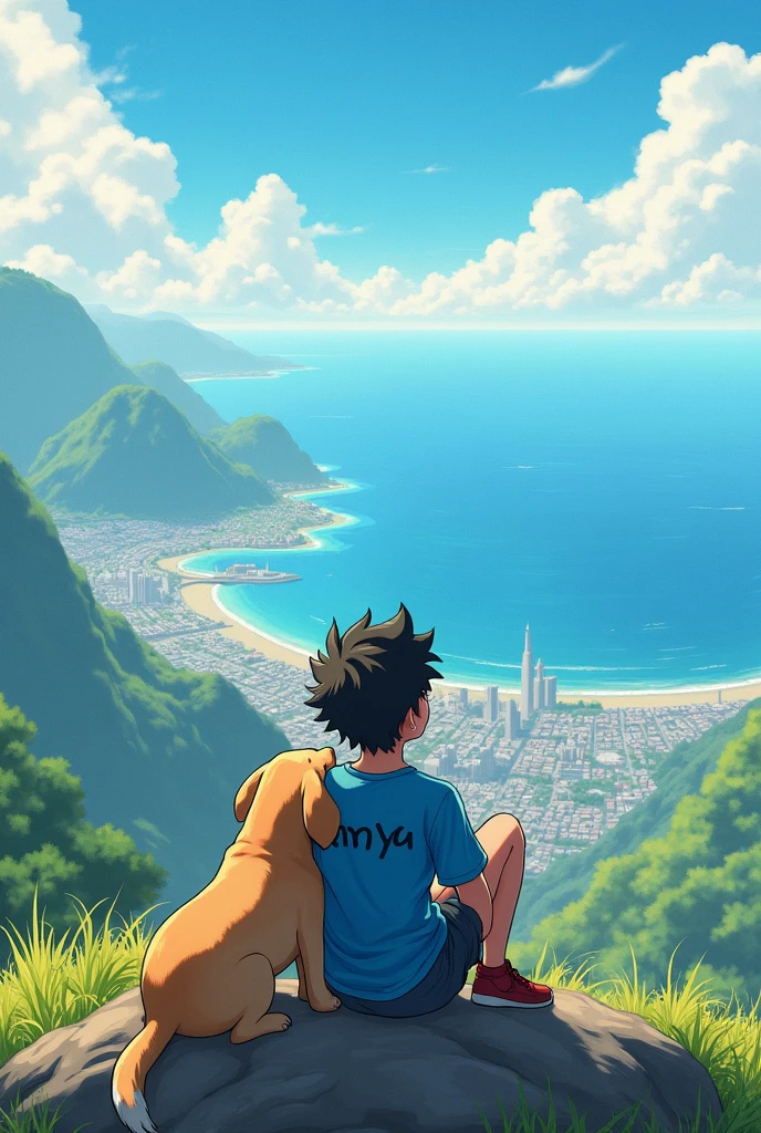 a Ager anime boy sit on mountain on the back of his blue shirt is written samya he see all the city and sea her hand on a labrador dog in a very summer day