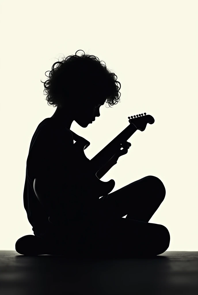Silhouette of curly boy sitting and playing an electric guitar 
