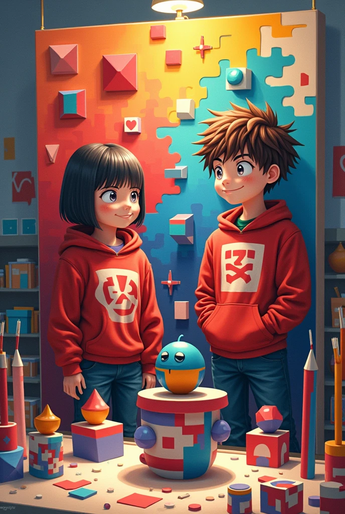 scene: Leonardo, a brown-haired teenager in a red sweatshirt similar to Izuku Midoriya, and Sophia, a girl similar to Ochaco Uraraka, decide to create a joint work., Combining painting and sculpture, where geometry is the basis of the composition, All this with a boku no hero academia style 