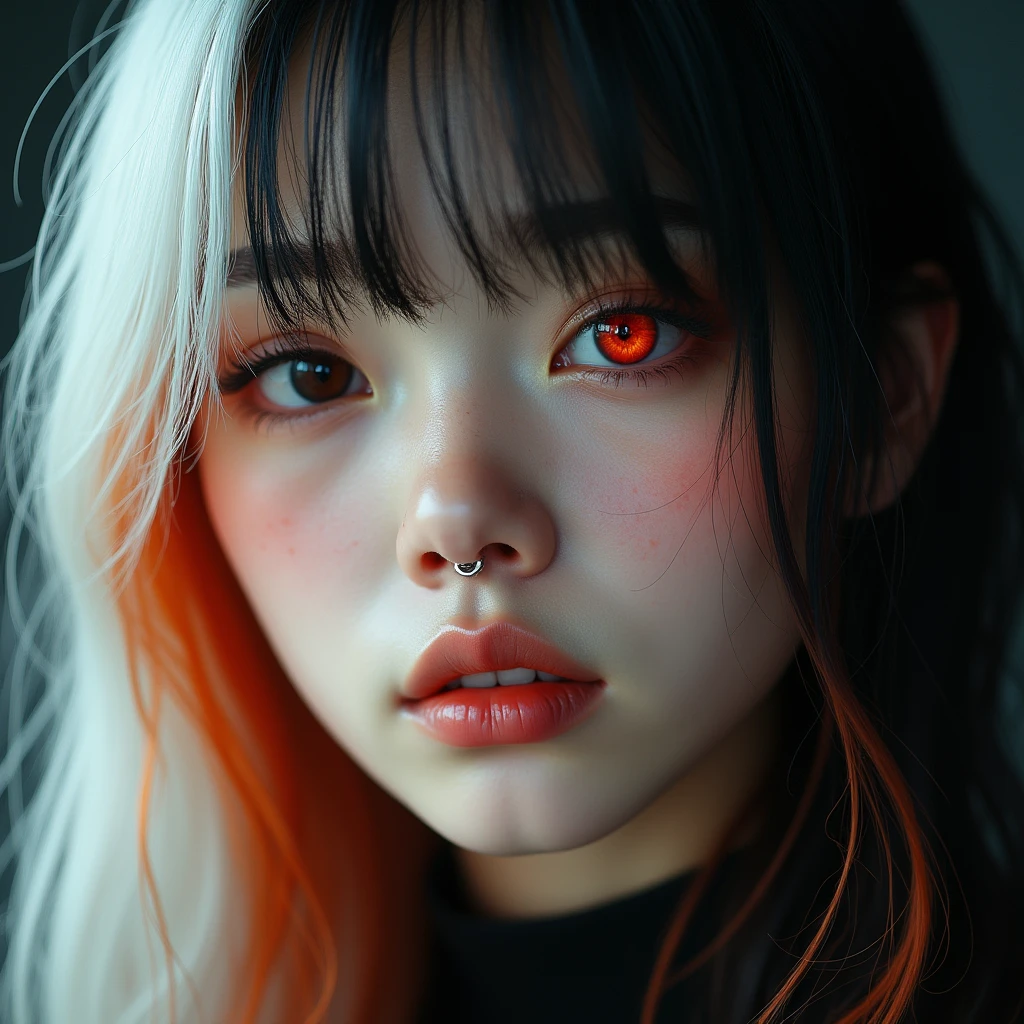 A Korean woman, 19 years, with long half white half black hair with orange highlight, and bangs, heterochromia red right eye and white left eye, slepy eyes, freckles all over your body and face, arched eyebrows, septum piercing.