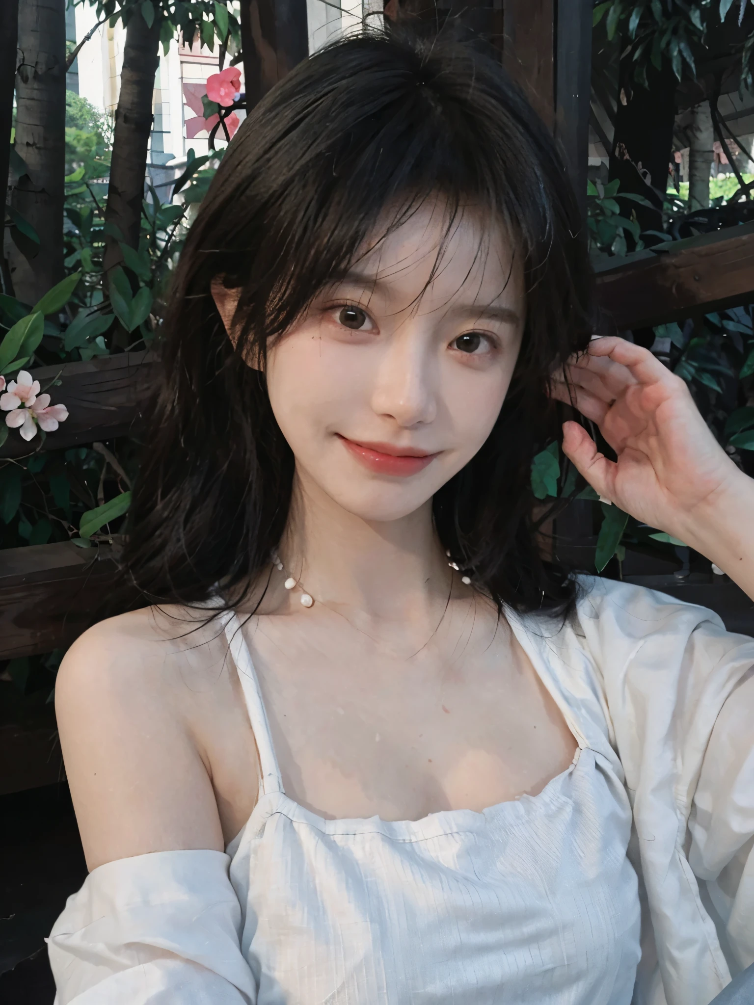 best qualtiy， Ultra-high resolution， （realisticlying：1.4），cute hairpin，Baoyu Girl，European style apartment，（flatchest：1.2） ，A pair of clear and moving peach blossom eyes,Royal Sister，sunshine on face，Big waves，（ln the forest：1.4），（choker necklace：1.2），（Fair skin：1.4），a sense of atmosphere，a beauty girl， ssmile，head straight-looking at viewer， closeup cleavage ，(Photorealistic:1.4),1girll,sexly,(Upper body:1.4),(Wet body),(:1.2)