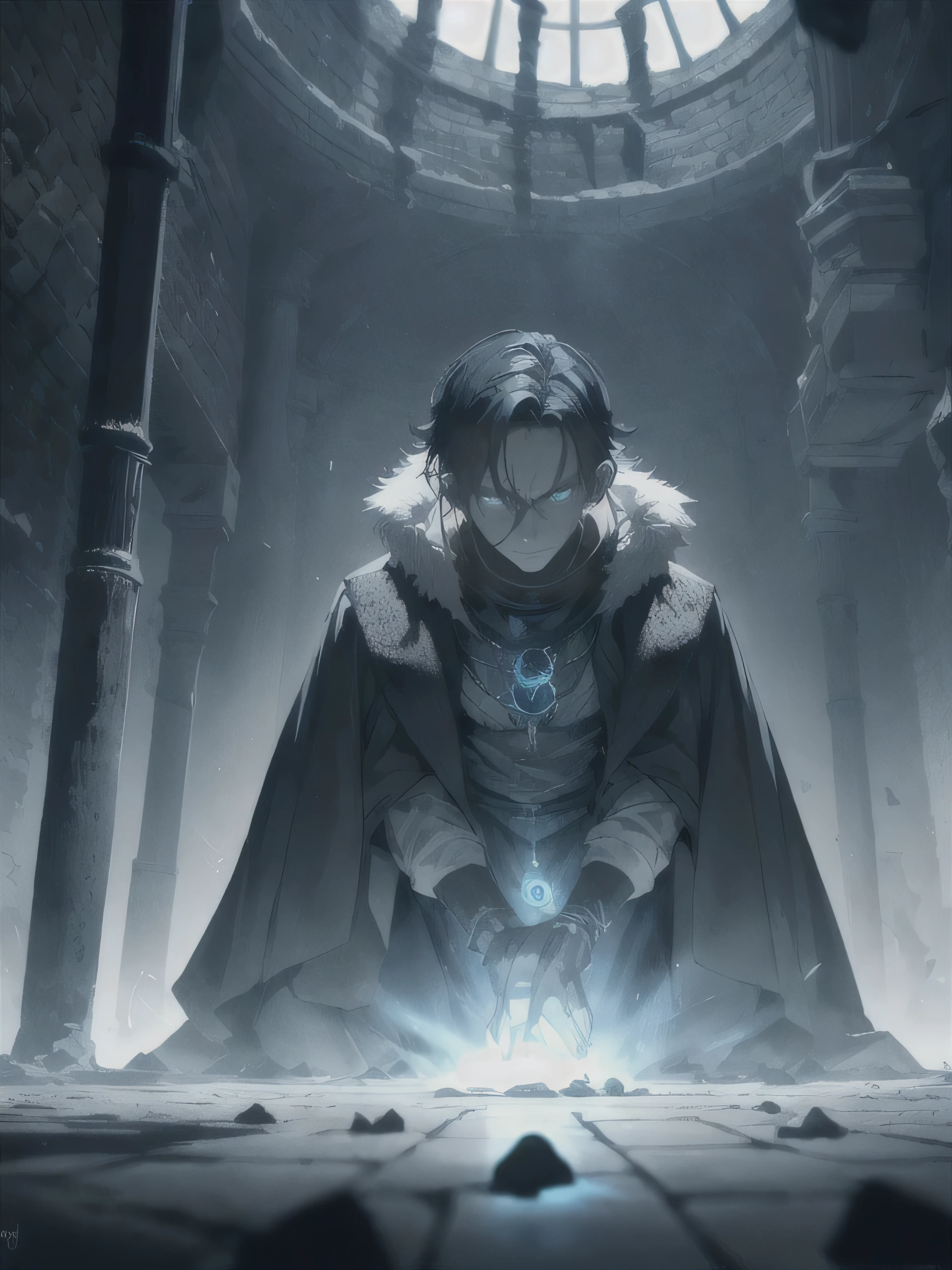 "Illustrate a somber scene set in the underground sewers of a medieval city. The atmosphere is damp and oppressive, with the walls covered in a thin layer of frost from the chilling cold. Oswald Wilton, a man burdened by the weight of his past as an assassin, stands in the dim light cast by flickering torches. His face is etched with the lines of regret and sorrow as he contemplates the dark path that led him here. The sewers, ancient and labyrinthine, stretch endlessly in every direction, filled with the echoes of distant water dripping and the soft scurrying of unseen creatures. A large, intricately drawn magic circle on the floor glows faintly with an eerie blue light, a reminder of the powerful forces at play. As Oswald reflects on his life, the air around him seems to grow colder, foreshadowing the grim fate he knows is drawing near. The scene should capture the tension of a man on the edge, weighed down by the choices he's made and the inevitable consequences that await."
