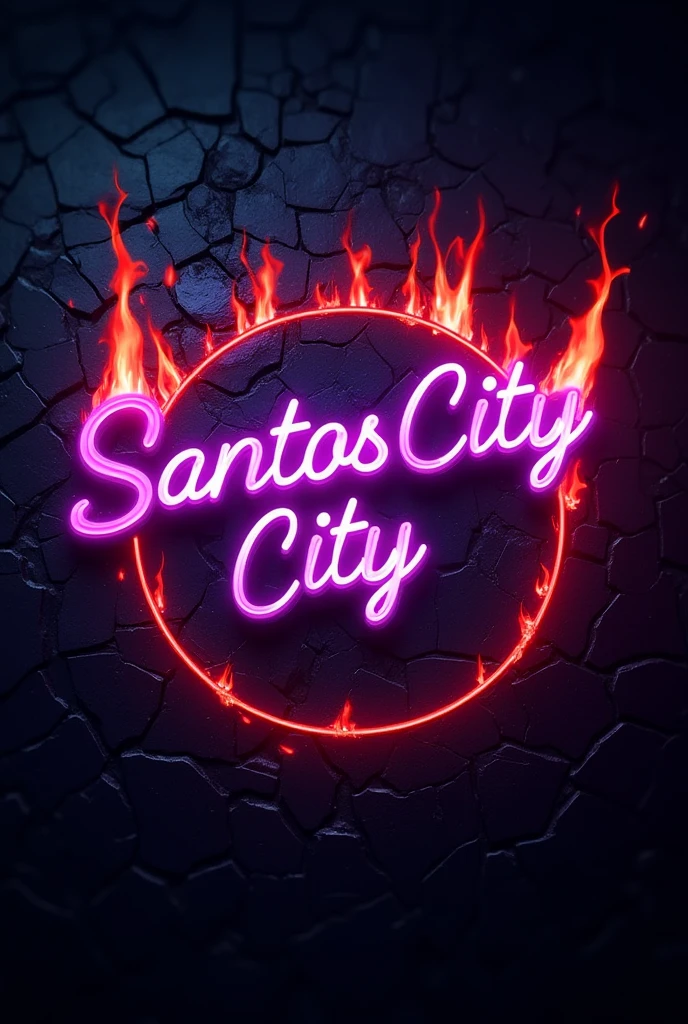 A logo for a store that has text that says "SantosCity RP" with purple neon letters and cracked background with vivid red flames