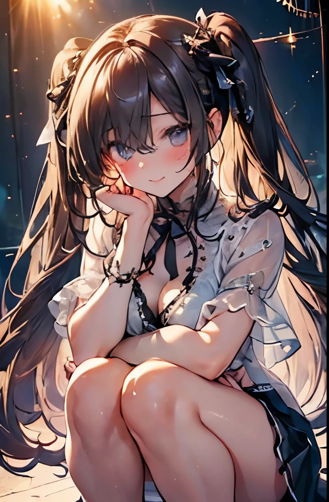 ((((Highest quality, High resolution)))), Extremely detailed 8K, Beautiful girl with slim body, (Ultra HD, Very detailed, Very detailed, Very realistic, Ultra-realistic, Photo Real), (One girl:1.5), Long Hair、Twin tails、Brown eyes, (Medium : 1.2), (Beautifully detailed face, Beautiful attention to detail), (Sheer blouse:1.4),(Cleavage)、(Light of the sun, sunlight)，(slender:1.5),(Light clothing:1.6),(Open chest)、(Idol face:1.7),(Beautiful eyes)、(Beautiful face)、(Toned body:1.5),(masterpiece:1.8),Blushing、Beautiful Skin、Moist eyes、Embarrassed expression、smile、(Slim and beautiful legs:1.4),(mini skirt:1.4),( shot:1.4),(squat:1.2)、(Charm:1.3),( posture:1.4),(from the front)、Shine、(Low - Angle)、(Brown Hair)、