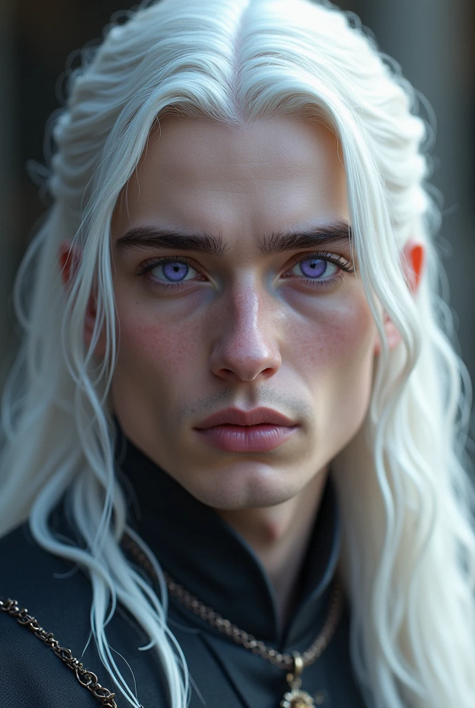 Handsome man,Skin as white as milk,Long hair,Handsome guy,No mustache,Prince Targaryen from the series of the dragons, A young man with glowing platinum hair resembling an ancient Valyrian,Lilac purple eyes,Clean face