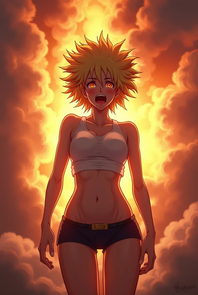 Anime girl with a fire body made out of fire but her private parts are not exposed with a long fire  hair made out of fire she has sun mark in her pupils she has a scary smile as she has flaming chains around her her pupils were orange and there was a sun mark inside her pupils as there was only fire around her as she kept a scary smile pulling the fire chains with her hands and a lot of the fire chains is around the place her body made out of fire her hair was fire her skin was fire no body just fire no private parts exposed 