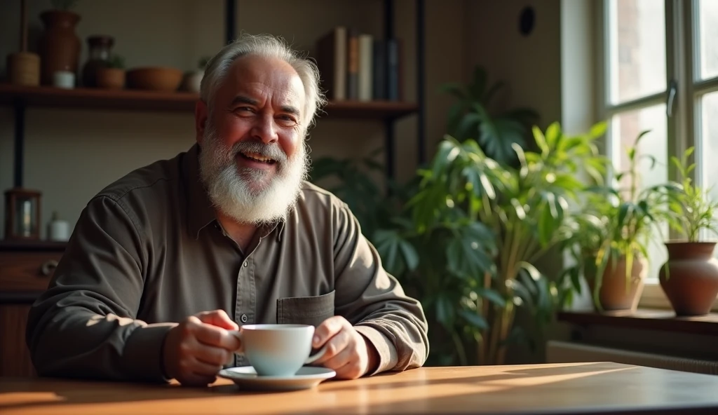 A fat man at a table with a cup of coffee in his hand and a plant in background, Elia guru, Samikshavad, moive still frame, a charactor portrait