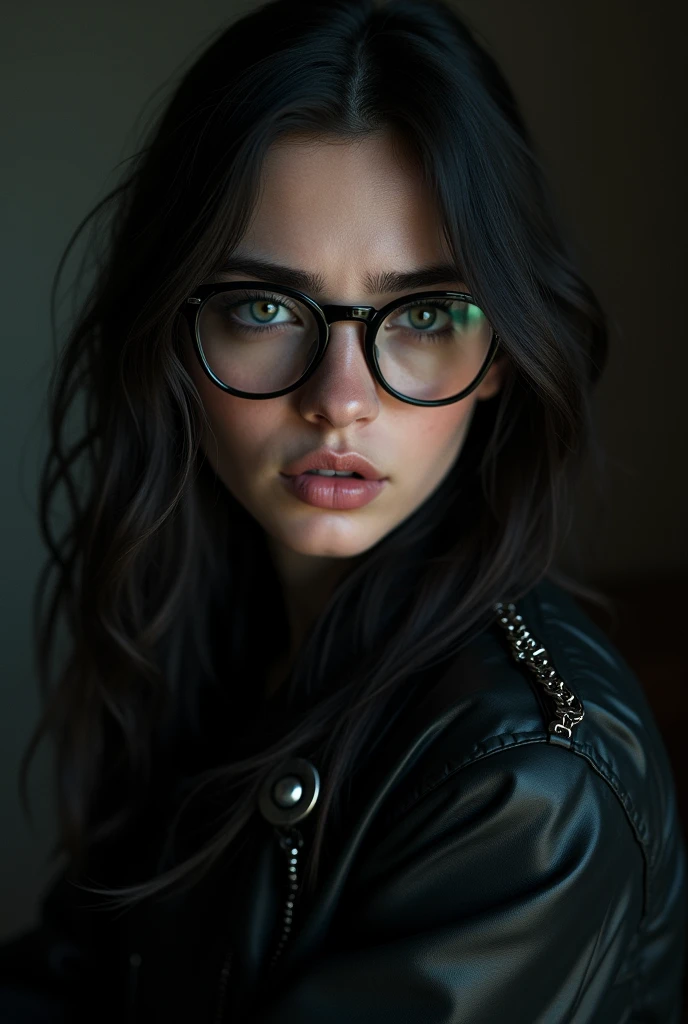 beautiful young woman,1girl,ukrainian,21yo,black glasses,exhausted expression,black jacket with chains,portrait,cinematic lighting,realistic,photorealistic,photo-realistic:1.37,best quality,4k,8k,highres,masterpiece:1.2,ultra-detailed,extremely detailed face,beautiful detailed eyes,beautiful detailed lips,extremely detailed eyes and face,long eyelashes,dramatic mood,dark color palette,chiaroscuro lighting,moody