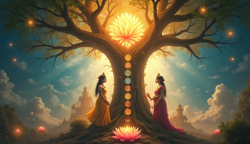 Create a 1080 pixel image with the following elements:
1. At the top of the image, an aura of glory surrounding the 72 divine names, shining and radiating light.
2. down, an imposing Tree of Life, with the trunk displaying the 10 Sefirot in an artistic and clear way.
3. At the base of the Tree of Life, portray Krishna and Radha as lovers, in a pose of adoration and harmony, com Shiva, Parvati e Ganesha ao lado deles, representing union and protection.
4. Include Brahma and Saraswati near the tree, emanating wisdom and creativity.
5. At the top of the Tree of Life, a splendid lotus flower, symbolizing purity and enlightenment.
6. Add a Sacred Krishna Tree bag next to the tree, representing energy and sacredness.
7. The scene should be enveloped in a mystical and heavenly atmosphere, with intricate details that highlight the importance and spiritual beauty of the elements.