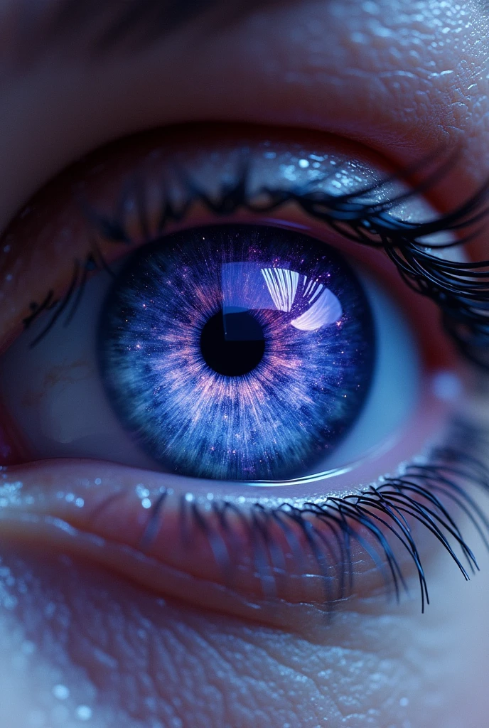 A hyper-realistic close-up of a human eye, with a cosmic galaxy swirling within the iris, deep purples and blues blending together. The skin around the eye appears textured, almost like water or liquid, with shimmering reflections and intricate details. The overall atmosphere is otherworldly, blending elements of the cosmos with surreal textures, creating a mesmerizing and slightly eerie visual