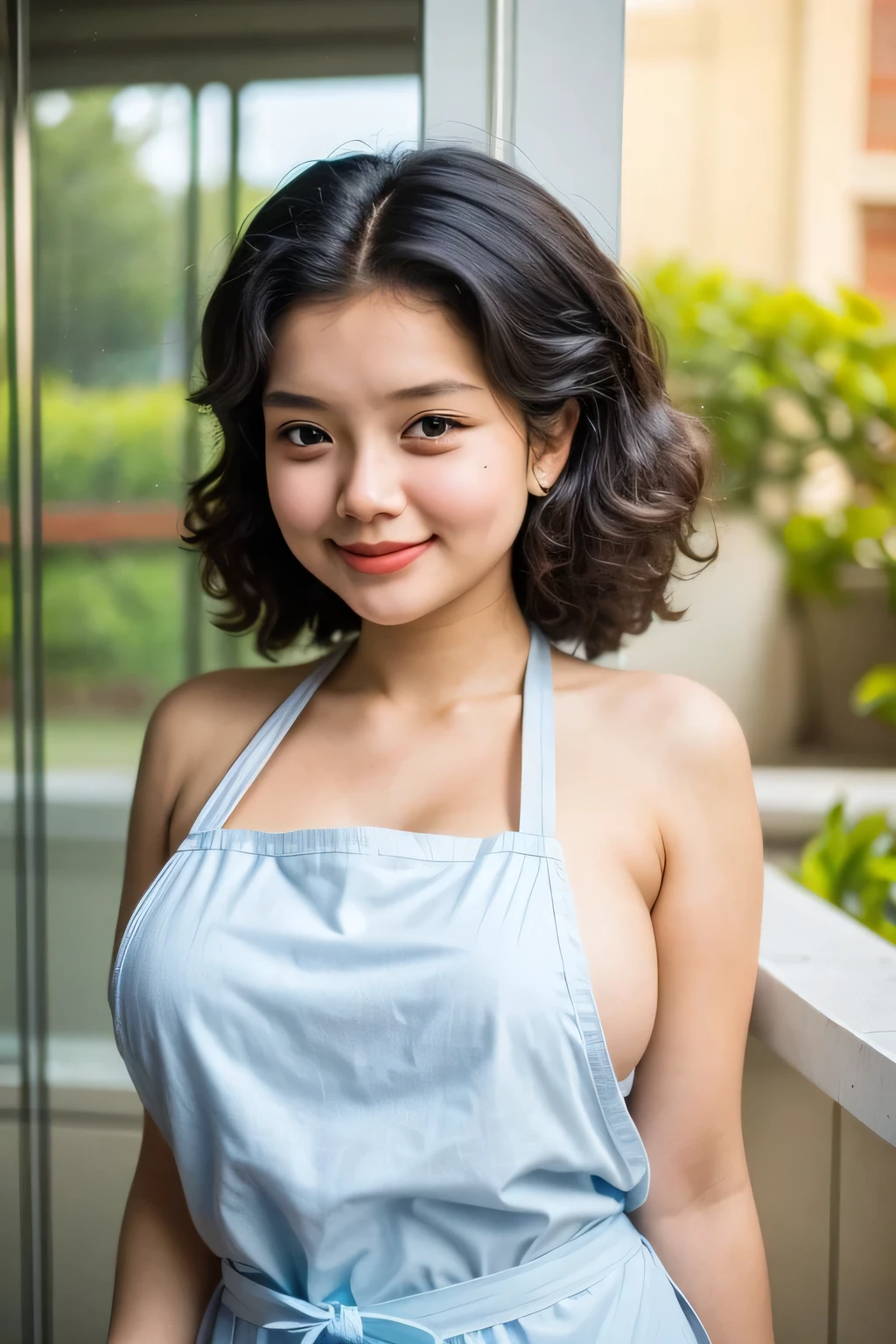 adorable, 1 girl, (face to face), , baby face, happy, medium portrait, (face details: 1), (eye details:1), ((naked big breasts)). wearing transparent transparency mini apron, .. Cute posed. proportional body. Ultra High Res. realistic: 1.4, UHD, poke ((Afro Hairstyle)) , lace (Gigantic)