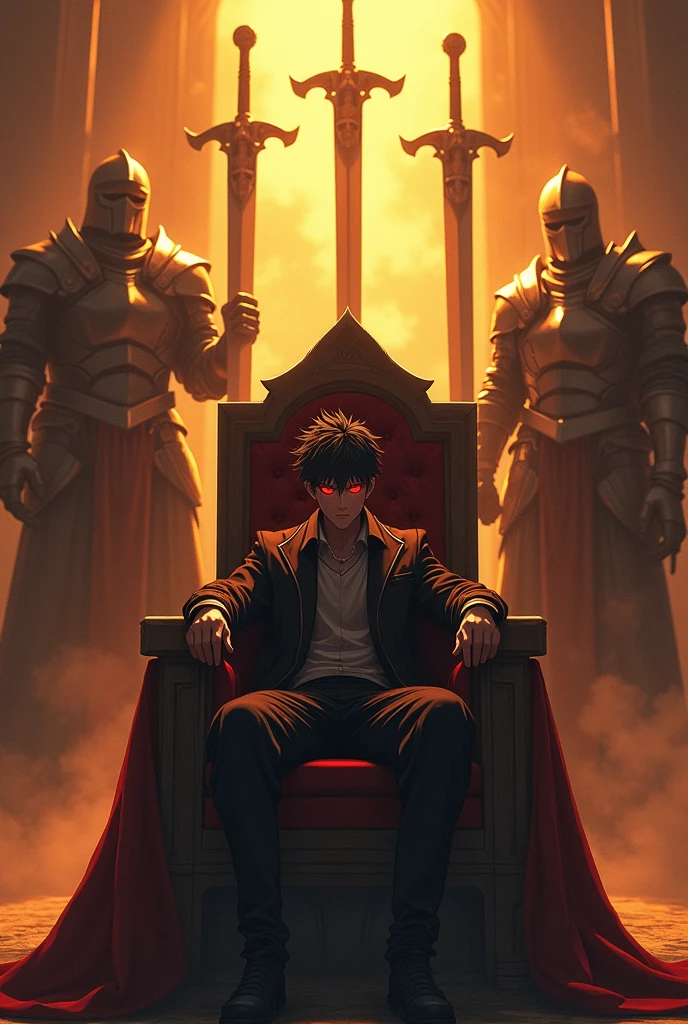 A boy slouching back on the throne with wide spread legs and sitting like a king and with an arrogant attitude he has black hair and red glowing eyes and a queen stands next to him touching his shoulder as the center piece, Giant full armoured dead knights surrounds the throne and raise their giant swords above the throne and connecting, dreamy and ethereal, golden hour,anime style