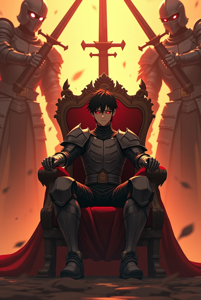 A boy slouching back on the throne with wide spread legs and sitting like a king and with an arrogant attitude he has black hair and red glowing eyes and a queen stands next to him touching his shoulder as the center piece, Giant full armoured dead knights surrounds the throne and raise their giant swords above the throne and connecting, dreamy and ethereal, golden hour,anime style